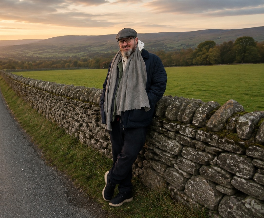 Mark Wheeler standing by a dry stone wall in the countryside